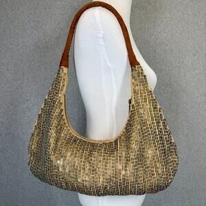 YA-YA Women's Beige Gold Sequin Slouchy Hobo Bag Braided Strap Shoulder Handbag
